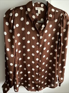 Brown Polka Dot Flowy Button-Up Blouse